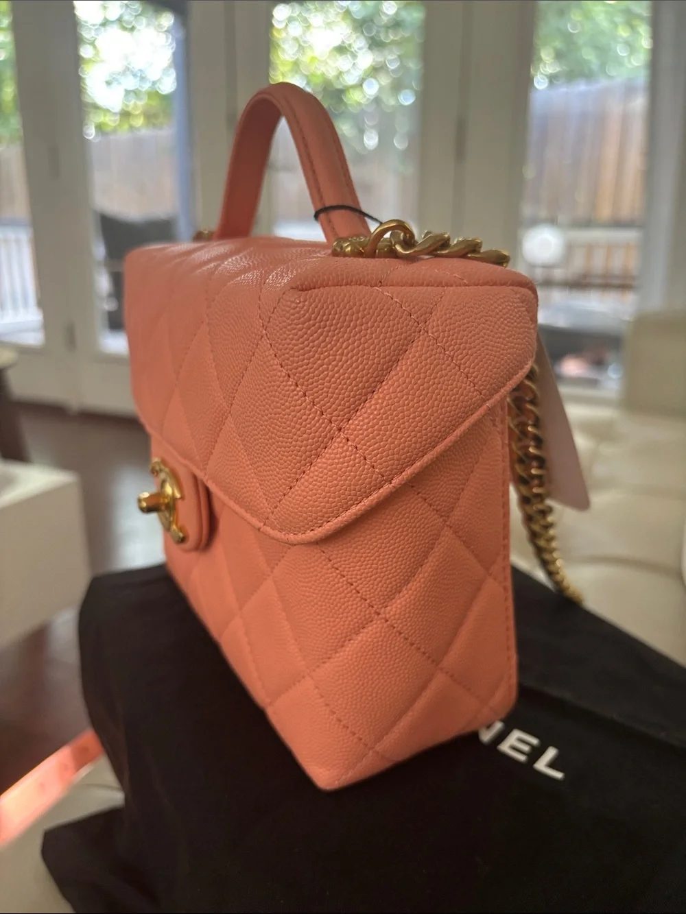 CHANEL Coral Pink Quilted Mini Top Handle Bag with Gold Hardware